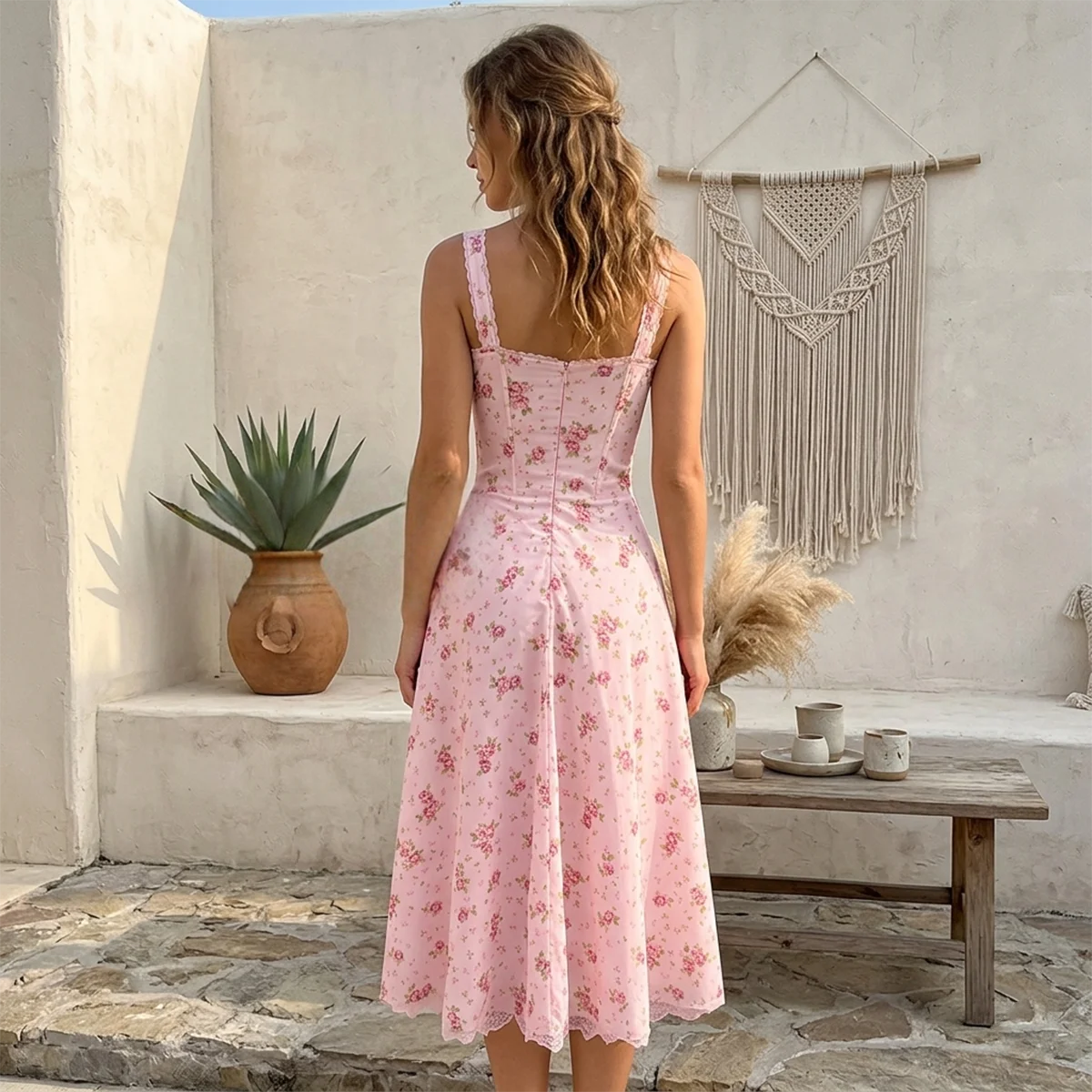 Midi Dress Women Sweet Kawaii Coquette Aesthetic Lace Up Corset Backless Pink Sundress Cottagecore Robe – Image 11