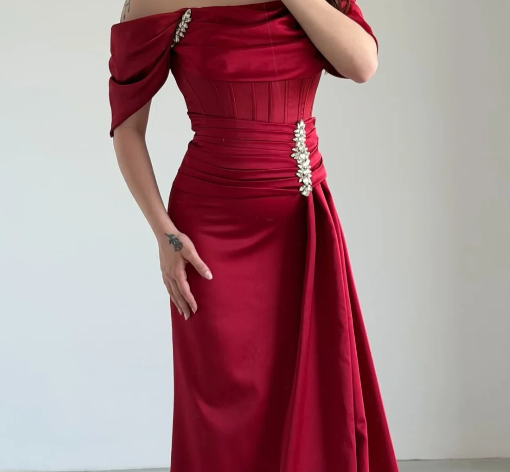 Burgundy Formal Evening Dress featuring off‑the‑shoulder draped short sleeves structured corset bodice waist ruched – Image 2