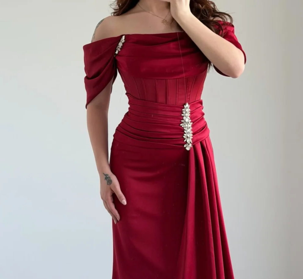 Burgundy Formal Evening Dress featuring off‑the‑shoulder draped short sleeves structured corset bodice waist ruched – Image 3