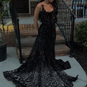 Black Rhinestones Long Prom Dresses