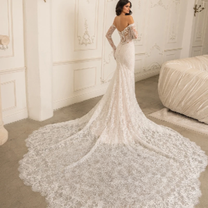 Lace Sleeve Deep Keyhole Boned Corset Full Lace Mermaid Wedding Dress with Scalloped Edge Train for Elegant Brides