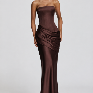 Brown Strapless Corset Satin Mermaid Evening Dress