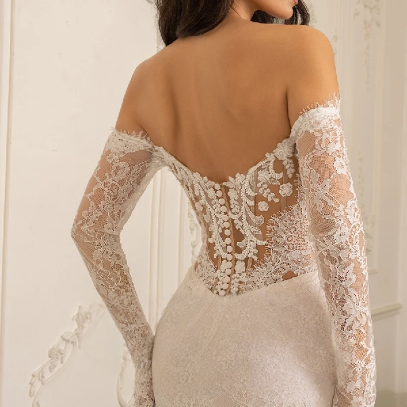 Lace Sleeve Deep Keyhole Boned Corset Full Lace Mermaid Wedding Dress with Scalloped Edge Train for Elegant Brides - Image 2