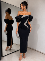 Satin Bandage Patchwork Evening Dress Silver Glitter Rhinestone Corset
