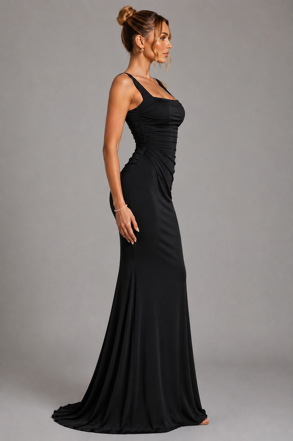 Satin Gown with Square Neck, Ruched Bodice & Corset Back for Wedding Guest - Image 7