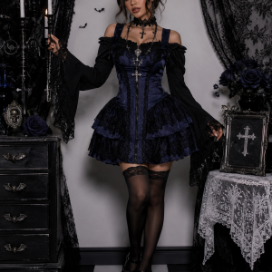 Dark A-line Textured Mini Dress for Women Mall Gothic Outfits Jacquard Lace Trim Embellished Dresses Ball Gown Halloween