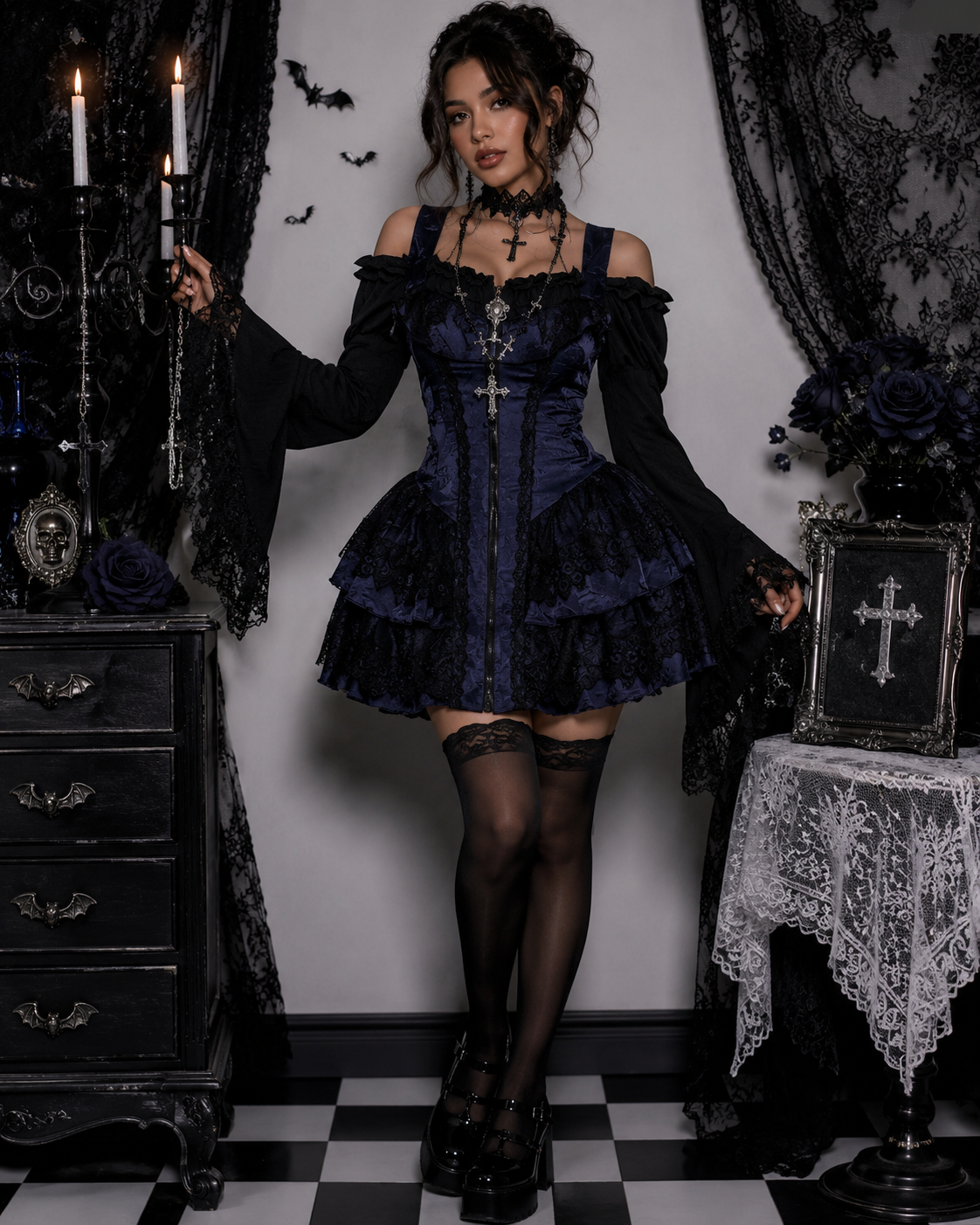 Dark A-line Textured Mini Dress for Women Mall Gothic Outfits Jacquard Lace Trim Embellished Dresses Ball Gown Halloween