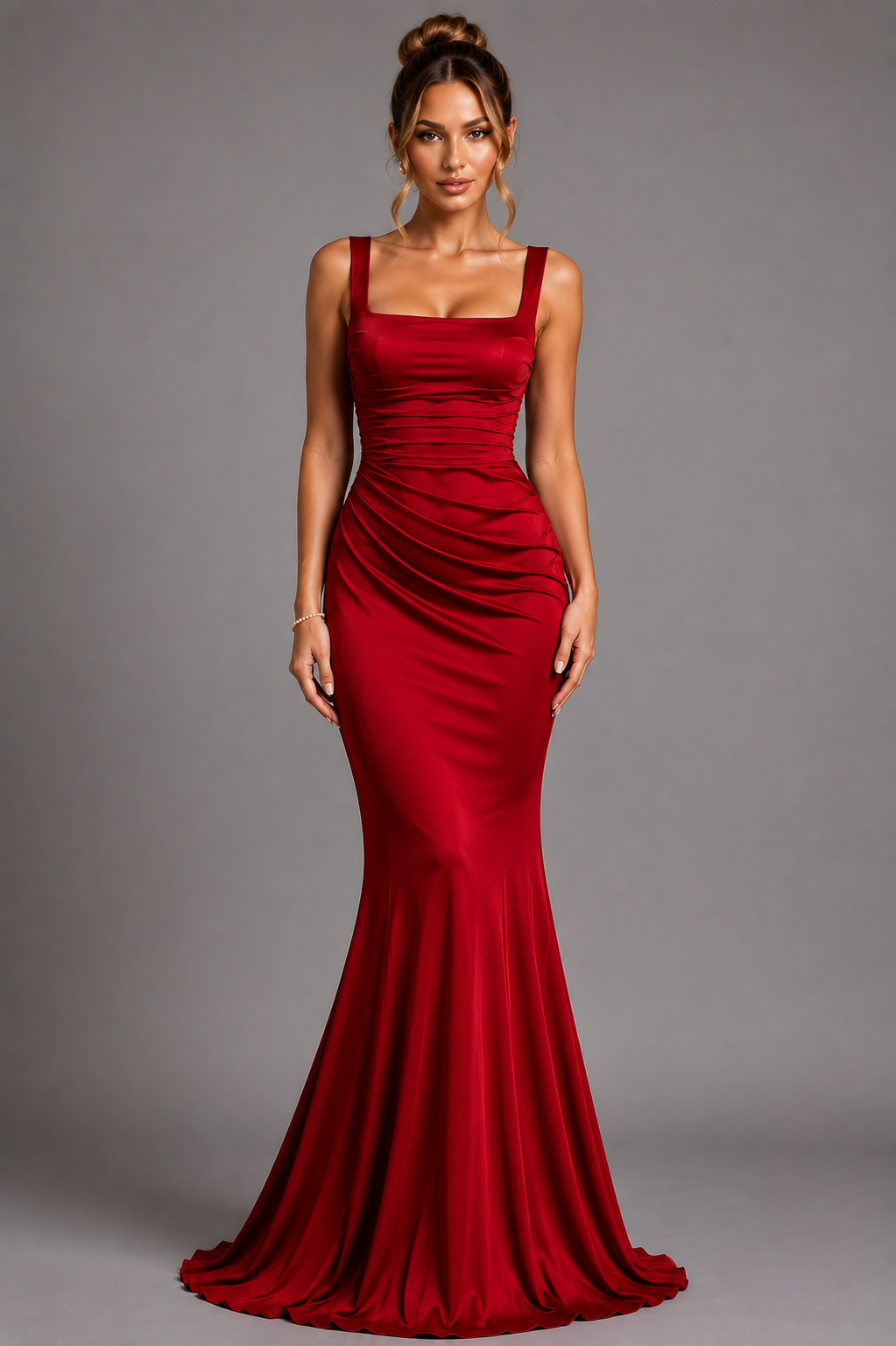 Satin Gown with Square Neck, Ruched Bodice & Corset Back for Wedding Guest - Image 10