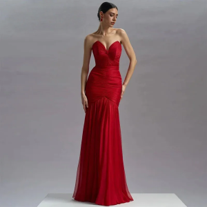 Prom Dress Sweetheart for Women Sexy Pleat Long Sheath Strapless