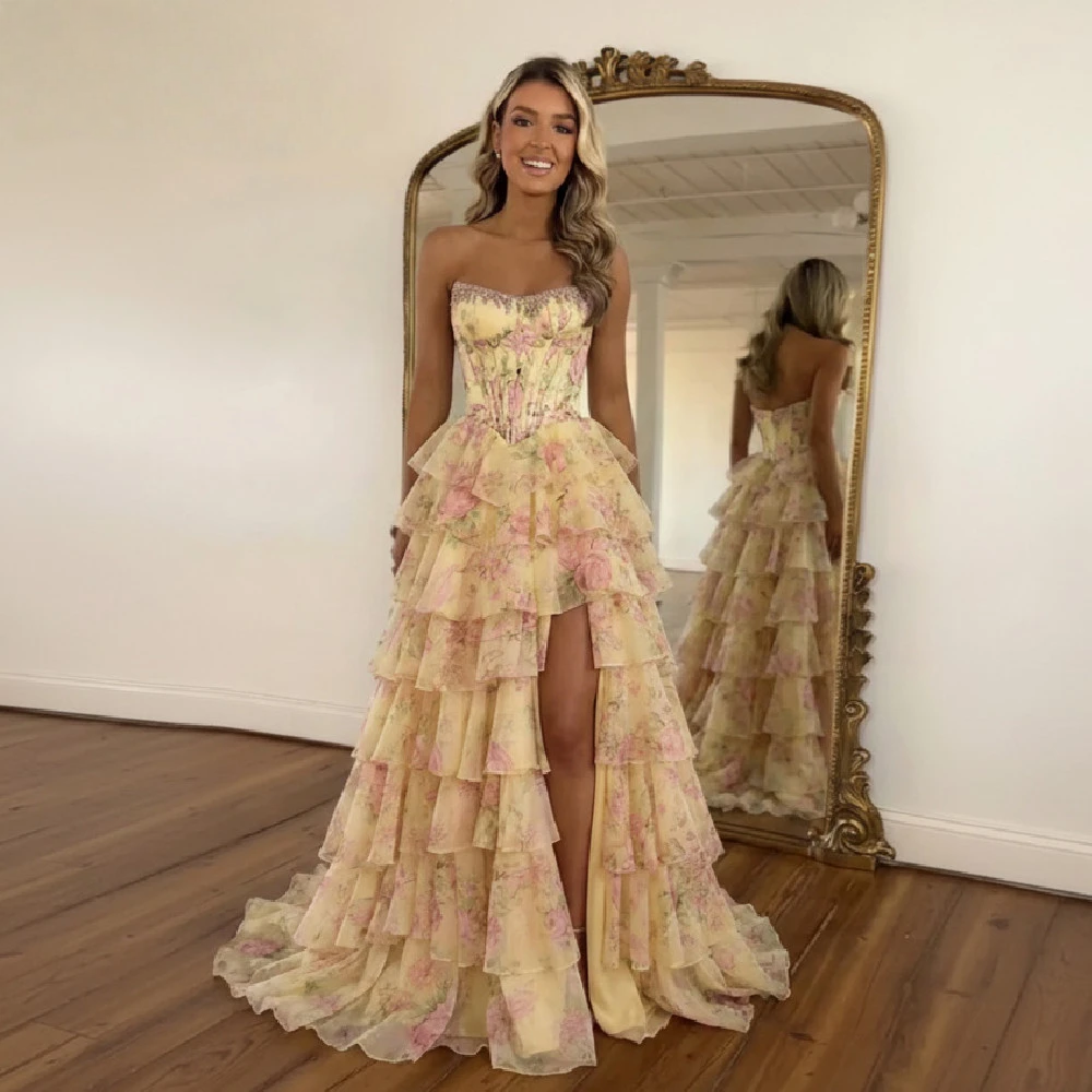 Blue Floral Print Long Women's Dress Sweetheart Tiered Ruffles Corset Skirt Euro Style Summer Floor-Length Sleeveless A-Line - Image 7