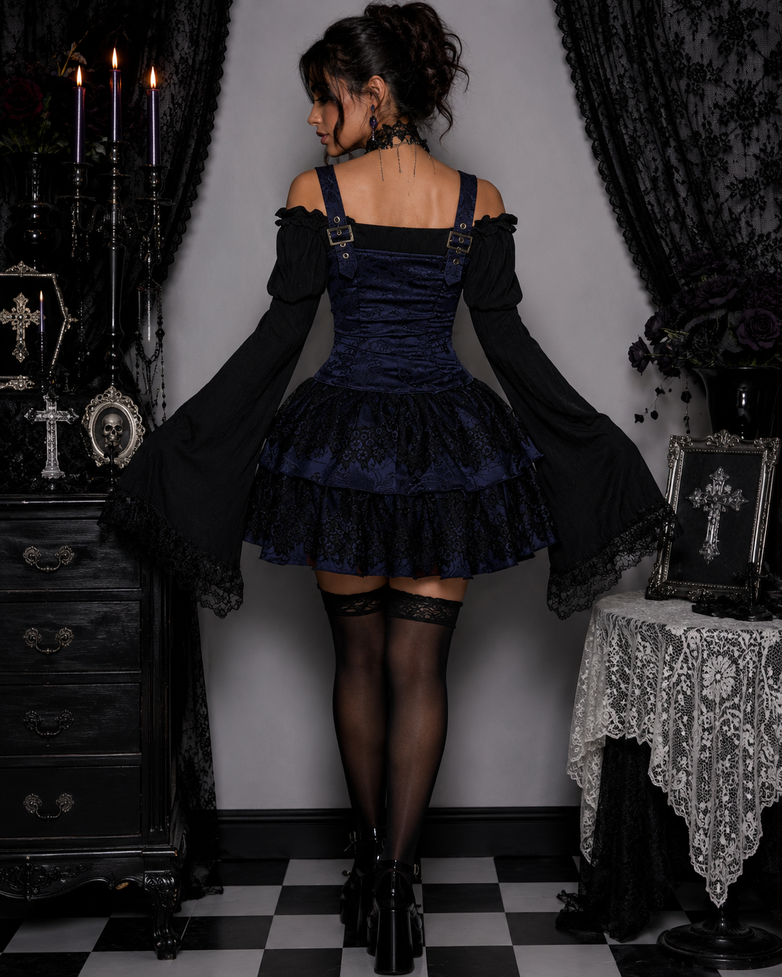 Dark A-line Textured Mini Dress for Women Mall Gothic Outfits Jacquard Lace Trim Embellished Dresses Ball Gown Halloween - Image 24