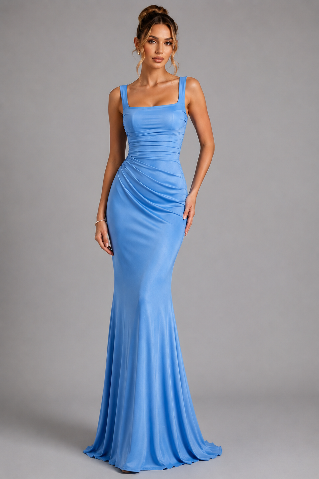Satin Gown with Square Neck, Ruched Bodice & Corset Back for Wedding Guest - Image 5