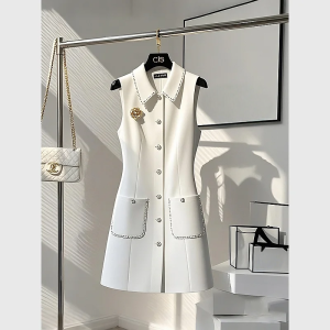 White Tank Top Dresses Ladies Elegant Pocket Midi Dress