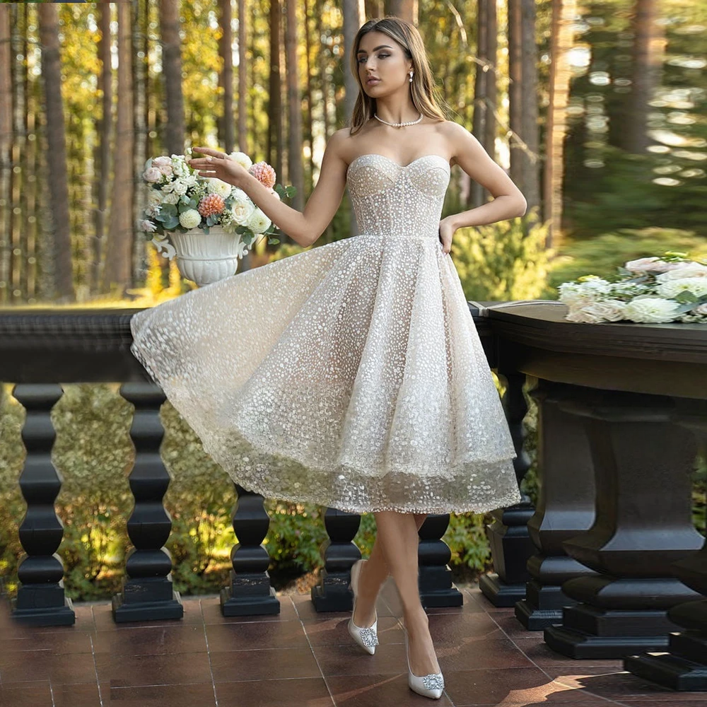 Short Tulle Wedding Dress Princess A Line Sweetheart Neck Tea Length Corset Vintage Sleeveless Elegant Bridal Gown Bride - Image 3