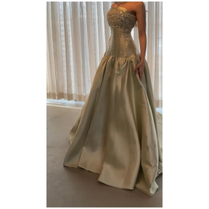 Elegant Champagne Gold Strapless Prom Dresses Beaded Corset Satin Ball Gown Formal Evening Gowns Vestidos