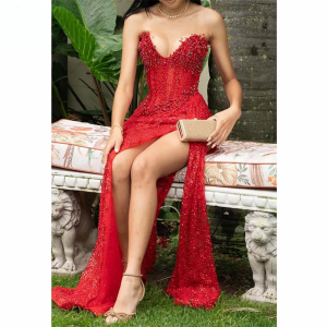 Lily Red Formal Dress Shiny Sequined Deep V-Neck Evening Gown Bead-Embellished Fringe and Side Split Prom Dresses