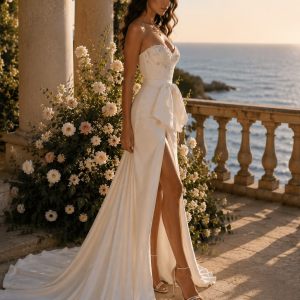 Satin Mermaid Wedding Dress Strapless Sweetheart Lace Corset High Slit Floor-Length Bespoke Wedding Gown with Built-in Bra