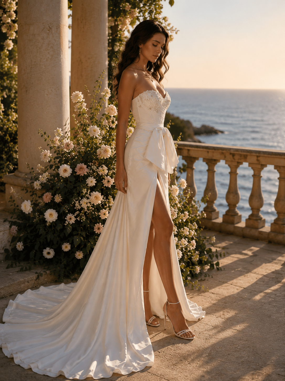 Satin Mermaid Wedding Dress Strapless Sweetheart Lace Corset High Slit Floor-Length Bespoke Wedding Gown with Built-in Bra