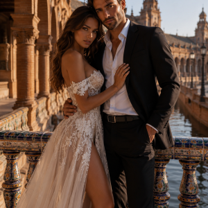 Elegant Off Shoulder Champagne Lace Wedding Dress with High Split – Beach Bridal Gown