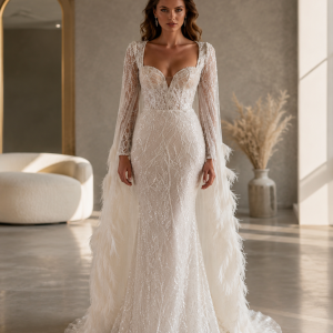 Charming Luxury Beads Lace Wedding Dress Sexy Feather Shawl Sleeves Bridal Gowns Robe robe de mariée