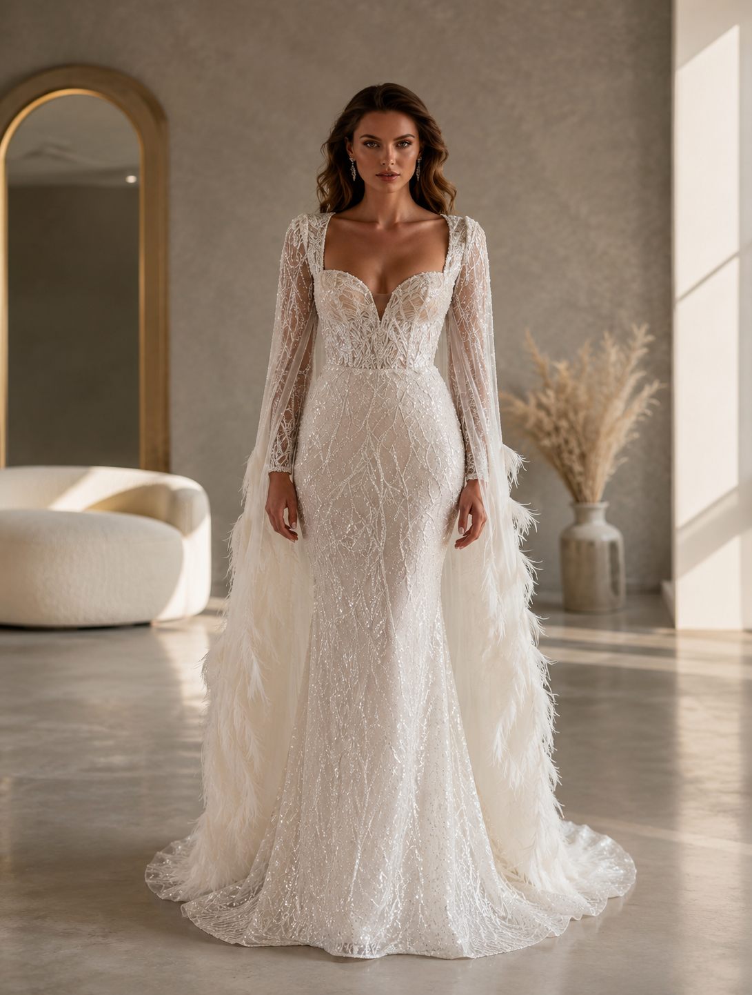 Charming Luxury Beads Lace Wedding Dress Sexy Feather Shawl Sleeves Bridal Gowns Robe robe de mariée