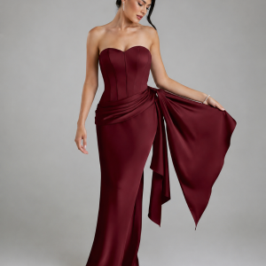 Burgundy Satin Mermaid Gown with Sweetheart Neckline, Corset Back & Cascading Draping for Gala Dinner
