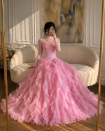 Pink High Neck A Line Prom Dress Long Sleeve Lace Corset Ruffled Tulle Skirt Saudi Formal Evening