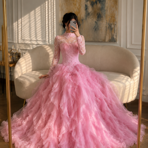 Pink High Neck A Line Prom Dress Long Sleeve Lace Corset Ruffled Tulle Skirt Saudi Formal Evening