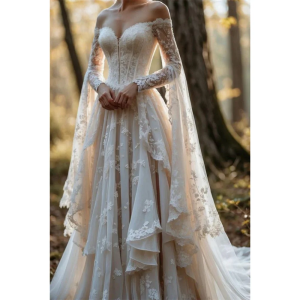 Lace Corset Long Sleeve Bridal Gown A-Line Floor-Length Wedding Dress with Zipper Back for Fairy Forest Wedding