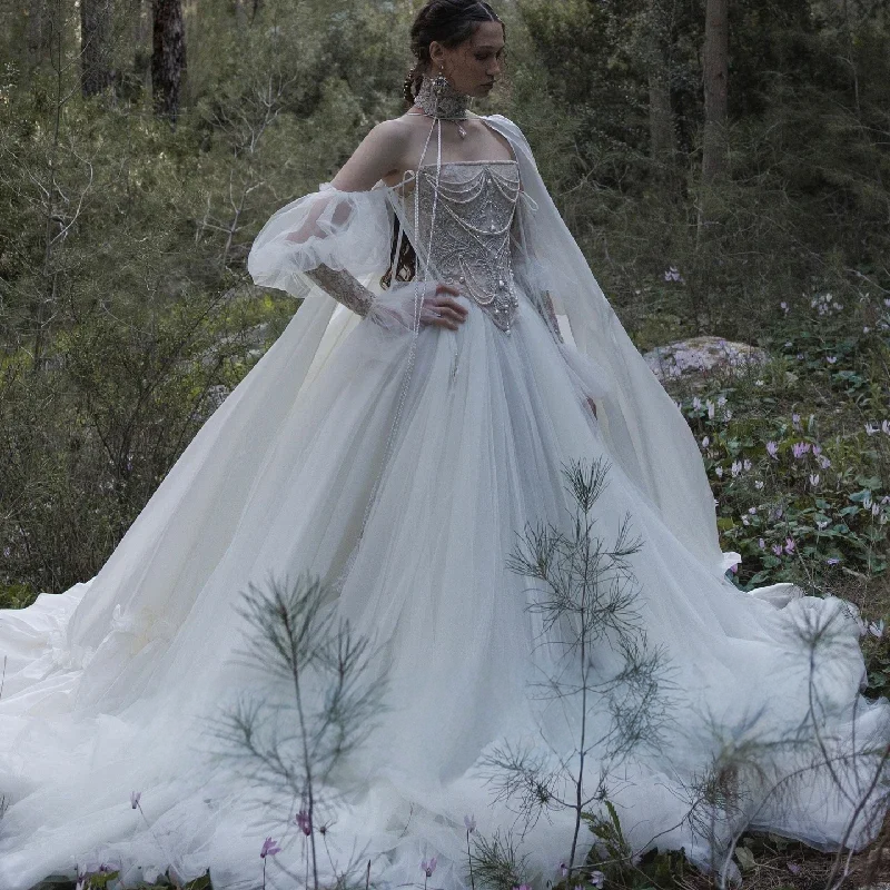 White Tulle Lace Appliqued Corset Ball Gown Wedding Dress with Caped Beach Style Floor-Length A-Line Silhouette for Women