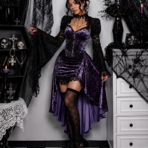 Gothic Velvet A-line Dress Female Elegant Evening Lolita Partywear Grunge Sling Lace Hem Alt Cloth