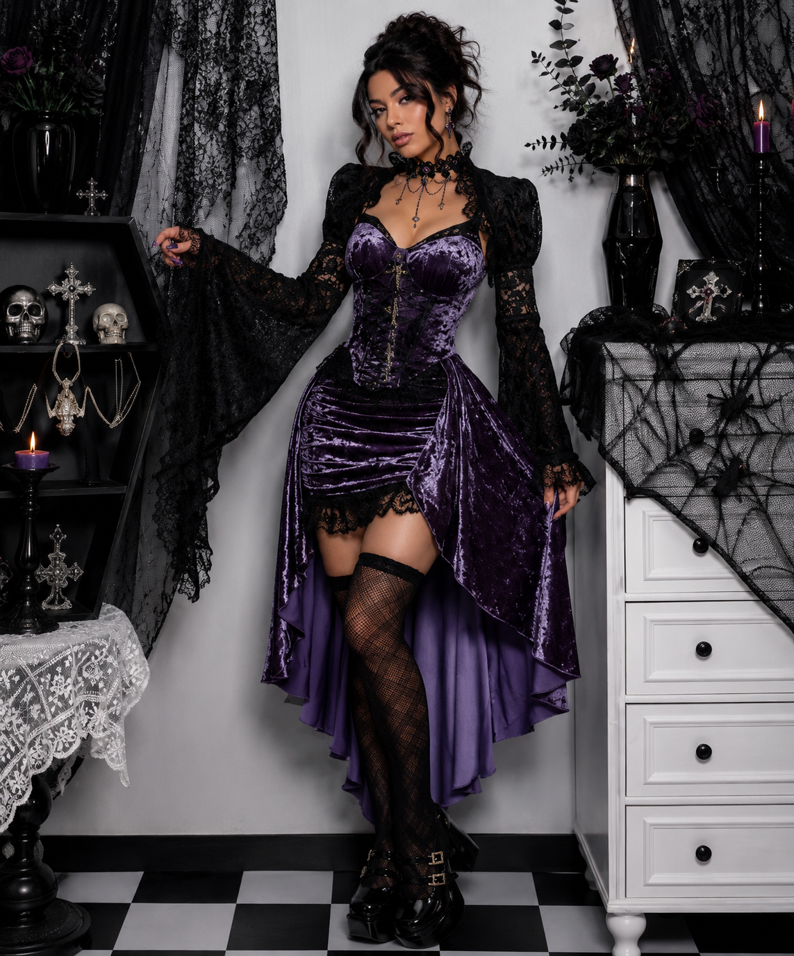 Gothic Velvet A-line Dress Female Elegant Evening Lolita Partywear Grunge Sling Lace Hem Alt Cloth