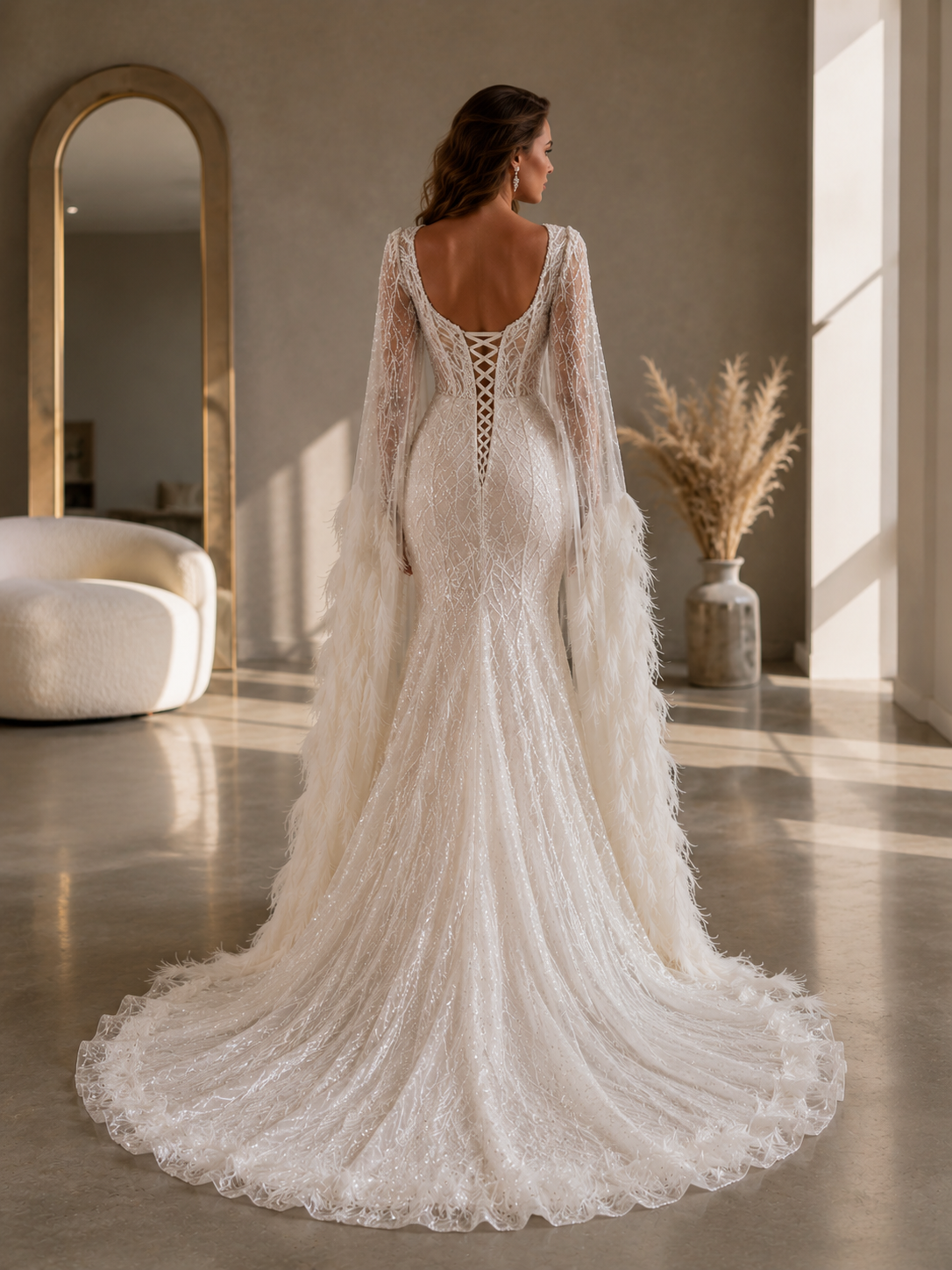 Charming Luxury Beads Lace Wedding Dress Sexy Feather Shawl Sleeves Bridal Gowns Robe robe de mariée - Image 2