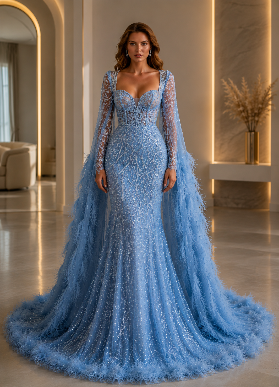 Charming Luxury Beads Lace Wedding Dress Sexy Feather Shawl Sleeves Bridal Gowns Robe robe de mariée - Image 5