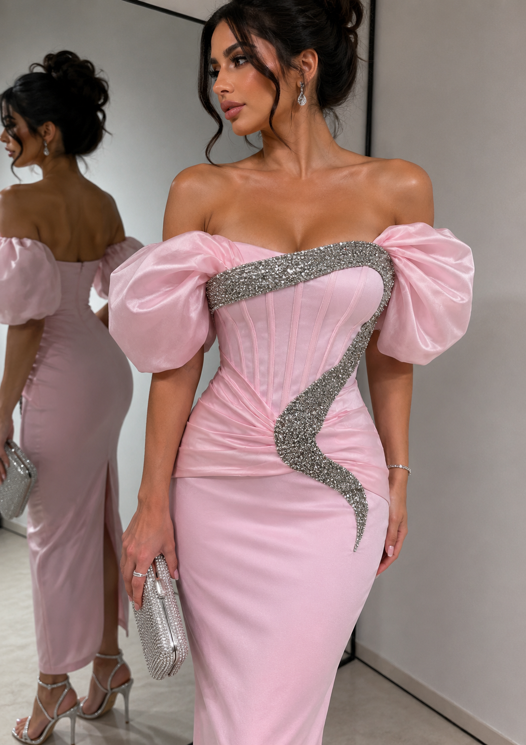 Satin Bandage Patchwork Evening Dress Silver Glitter Rhinestone Corset - Image 5
