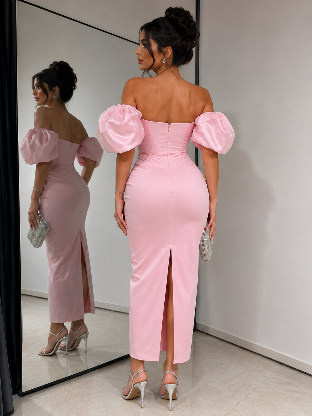 Satin Bandage Patchwork Evening Dress Silver Glitter Rhinestone Corset - Image 3
