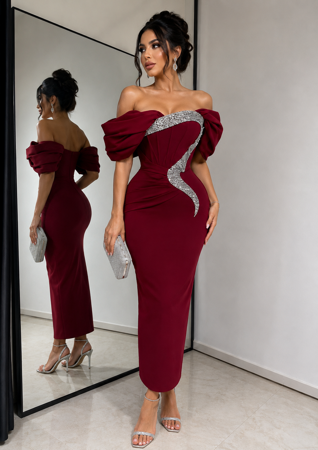 Satin Bandage Patchwork Evening Dress Silver Glitter Rhinestone Corset - Image 6