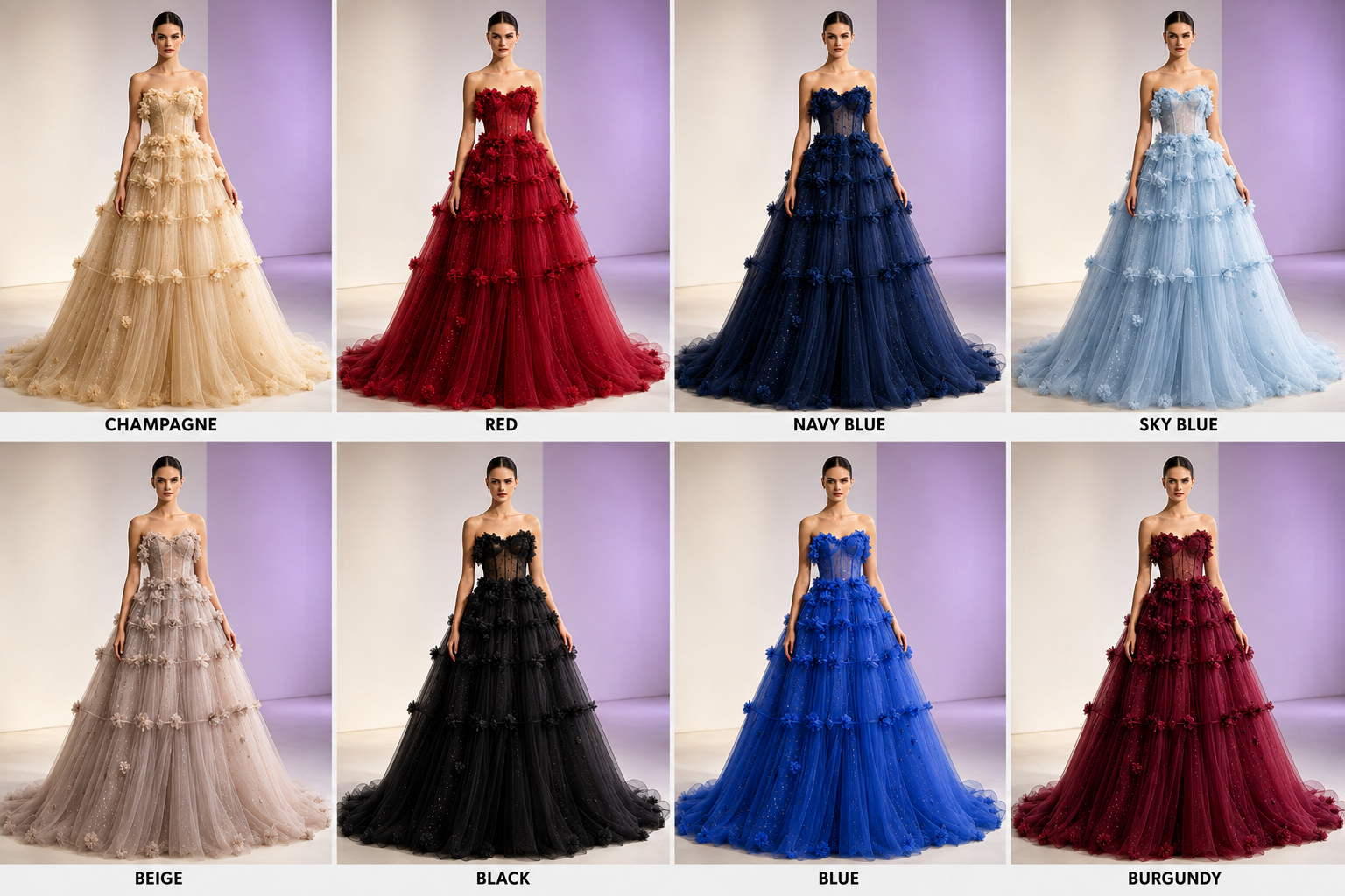 Lilac Sheer Glitter Tulle Ball Gown Strapless Sweetheart Corset Bodice Floral Tiered Ruffle Floor Length Princess Wedding Dre - Image 7