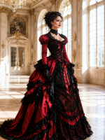 Gothic Victorian Prom Dress Black And Red Lace Ruffles Corset Princess
