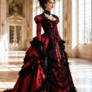 Gothic Victorian Prom Dress Black And Red Lace Ruffles Corset Princess