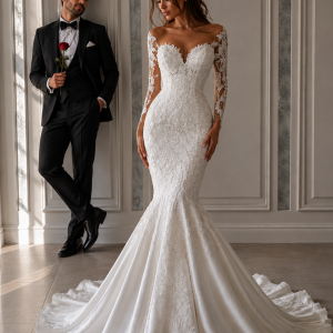 Ivory Mermaid Wedding Dress with Sheer Tulle, Long Sleeves & Lace Appliqué