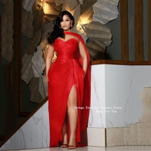 Red Shiny Evening Dress Sexy Side Slit Mermaid Prom Gowns Strapless Pleated Corset Prom Dresses