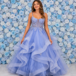Tulle Prom Dress Elegant Spaghetti Straps Lace Applique Ruffled Ball Gown Sweetheart Corset Back Formal Evening Gown