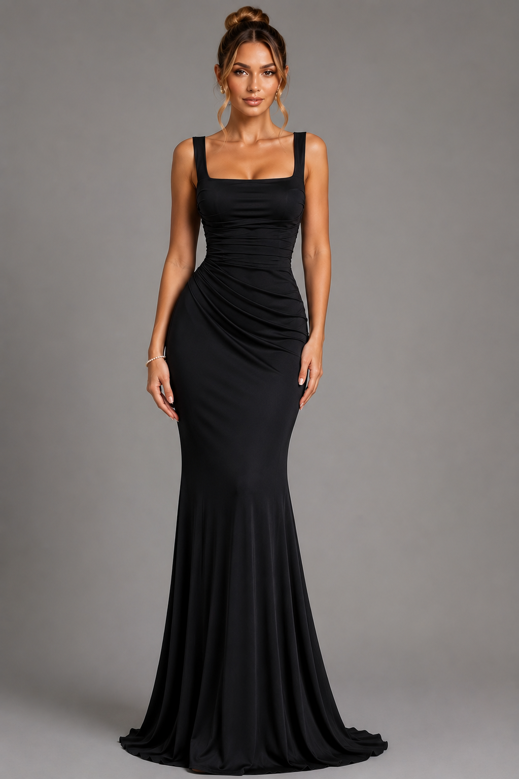 Satin Gown with Square Neck, Ruched Bodice & Corset Back for Wedding Guest - Image 9