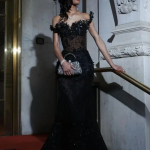 Black Rhinestones Long Prom Dresses