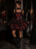 Gothic Lolita Dress Women Harajuku Bow Lace Ruffles Evening Party Mini Dresses Punk Kawaii Black Red Vestidos Summer