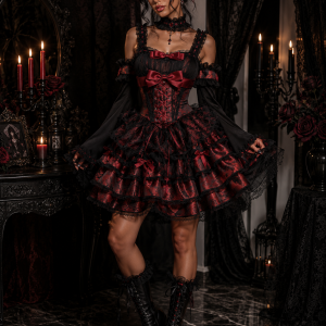Gothic Lolita Dress Women Harajuku Bow Lace Ruffles Evening Party Mini Dresses Punk Kawaii Black Red Vestidos Summer