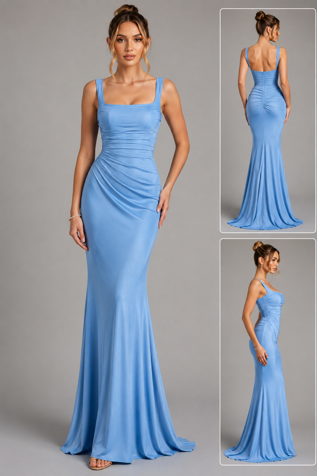 Satin Gown with Square Neck, Ruched Bodice & Corset Back for Wedding Guest - Image 4