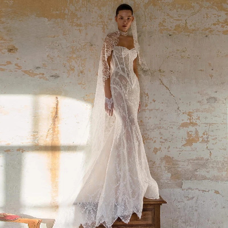 Elegant White Strapless Mermaid Wedding Dress Sheer Lace Fishbone Corset Sleeve Cathedral Train Bridal Gown - Image 4