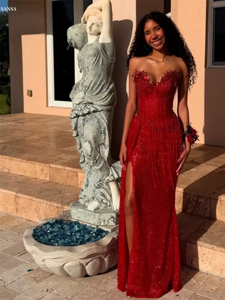 Sansa Customized Red Trumpet Corset Side High Split Prom Dress Pleats Sleeveless Vestidos De Noche Floor-Length Formal Evening - Image 6